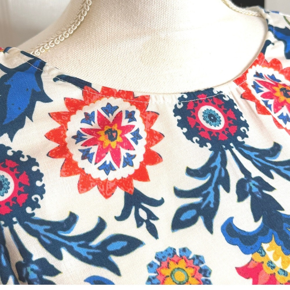AURA Medallion Mini Dress S White Multicolor Boho Tassel Sleeve Tie Waist Summer - Picture 4 of 12